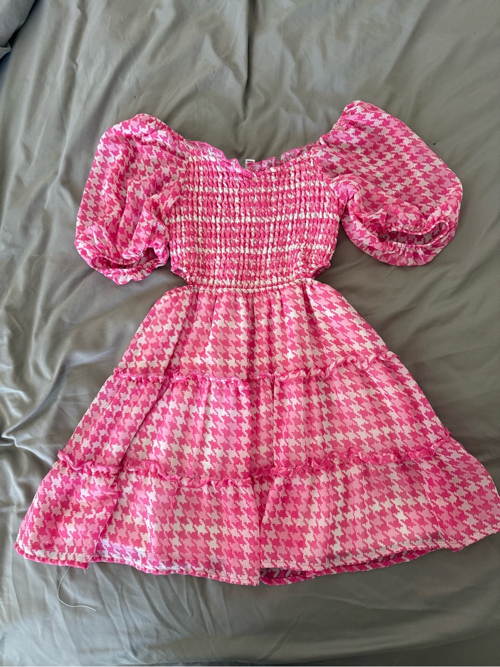 art class Pink Houndstooth Puff-Sleeve Tiered Dress